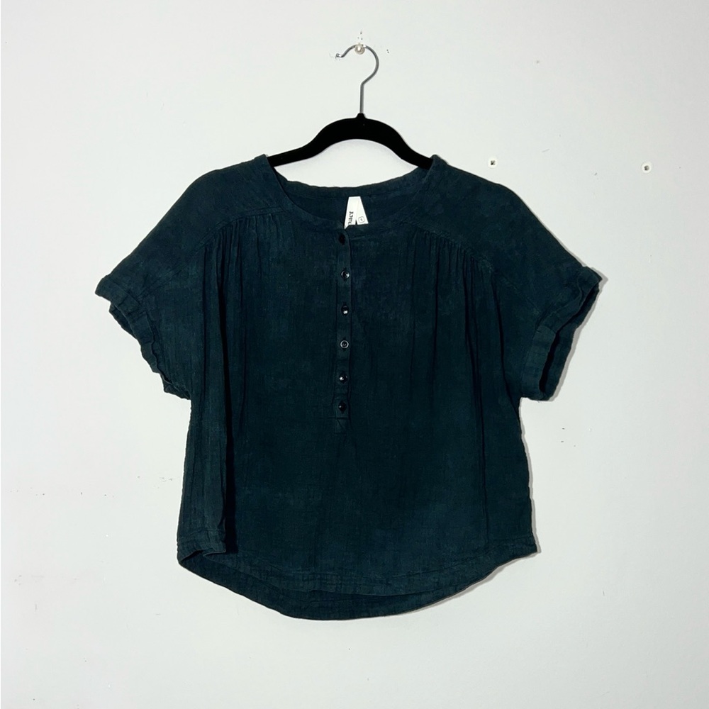 PACT Organic Cotton Coastal Double Gauze Short Sleeve Popover In Charcoal Small